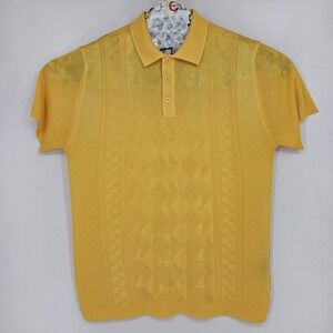 Saint Lorenzo Polo Shirt Mens Large Argyle Shiny Yellow Short Sleeve Rayon Blend